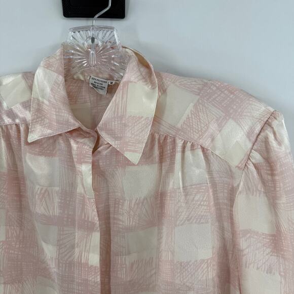 Vintage Lloyd Williams Pink & Cream Satin Button Front Career Blouse Size 4 FLAW - Picture 3 of 15